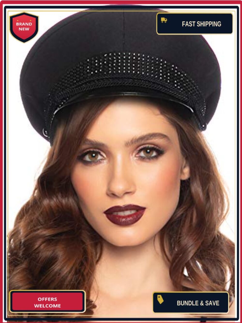 Costume Officer Hat Rhinestone Band Vinyl Brim Military Halloween Accessory